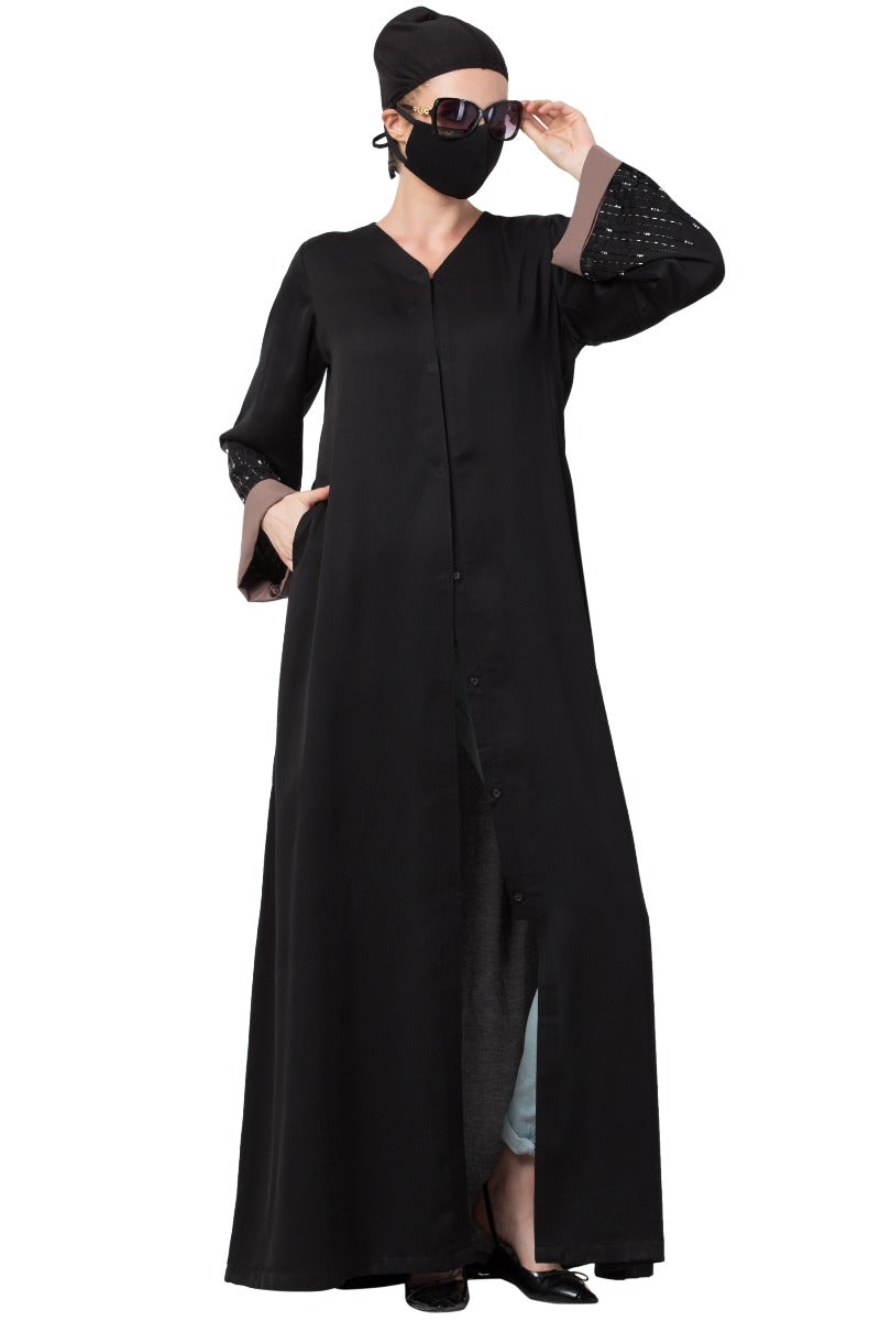Mushkiya-Front Open Dress With Hand Work Embellishments On Sleeves-Not An Abaya