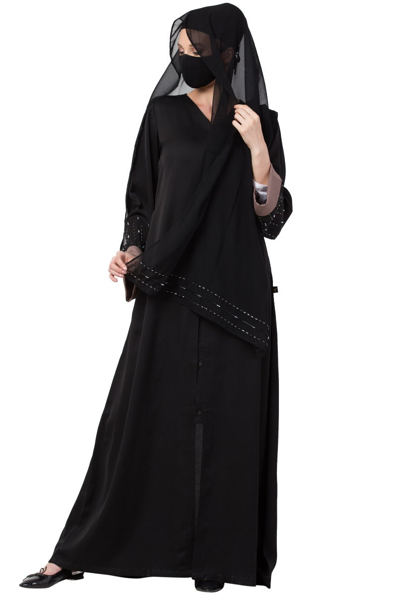 Mushkiya-Front Open Dress With Hand Work Embellishments On Sleeves-Not An Abaya