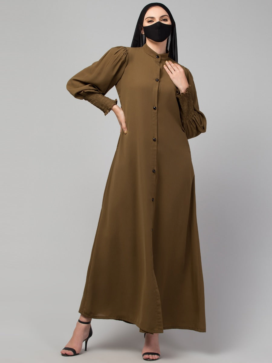 Front Open Abaya with Puff Shoulders: Smocky Sleeves and Contrast Buttons