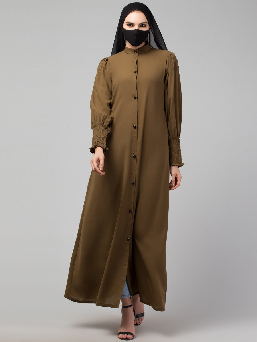 Front Open Abaya with Puff Shoulders: Smocky Sleeves and Contrast Buttons