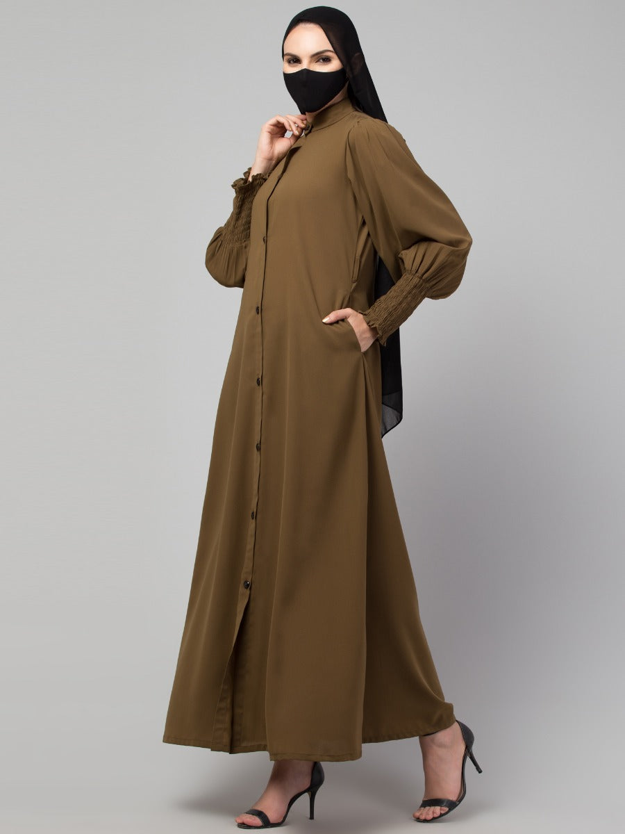 Front Open Abaya with Puff Shoulders: Smocky Sleeves and Contrast Buttons