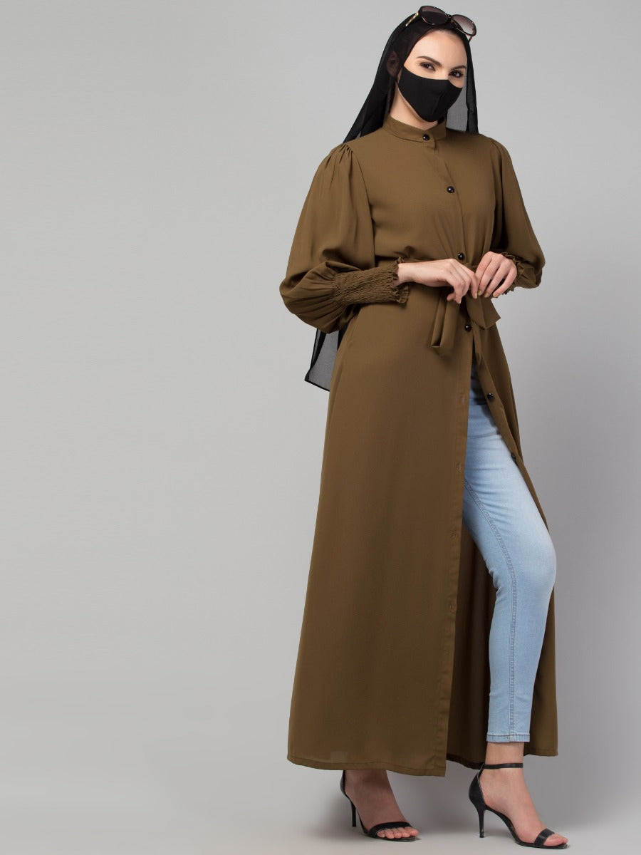 Front Open Abaya with Puff Shoulders: Smocky Sleeves and Contrast Buttons