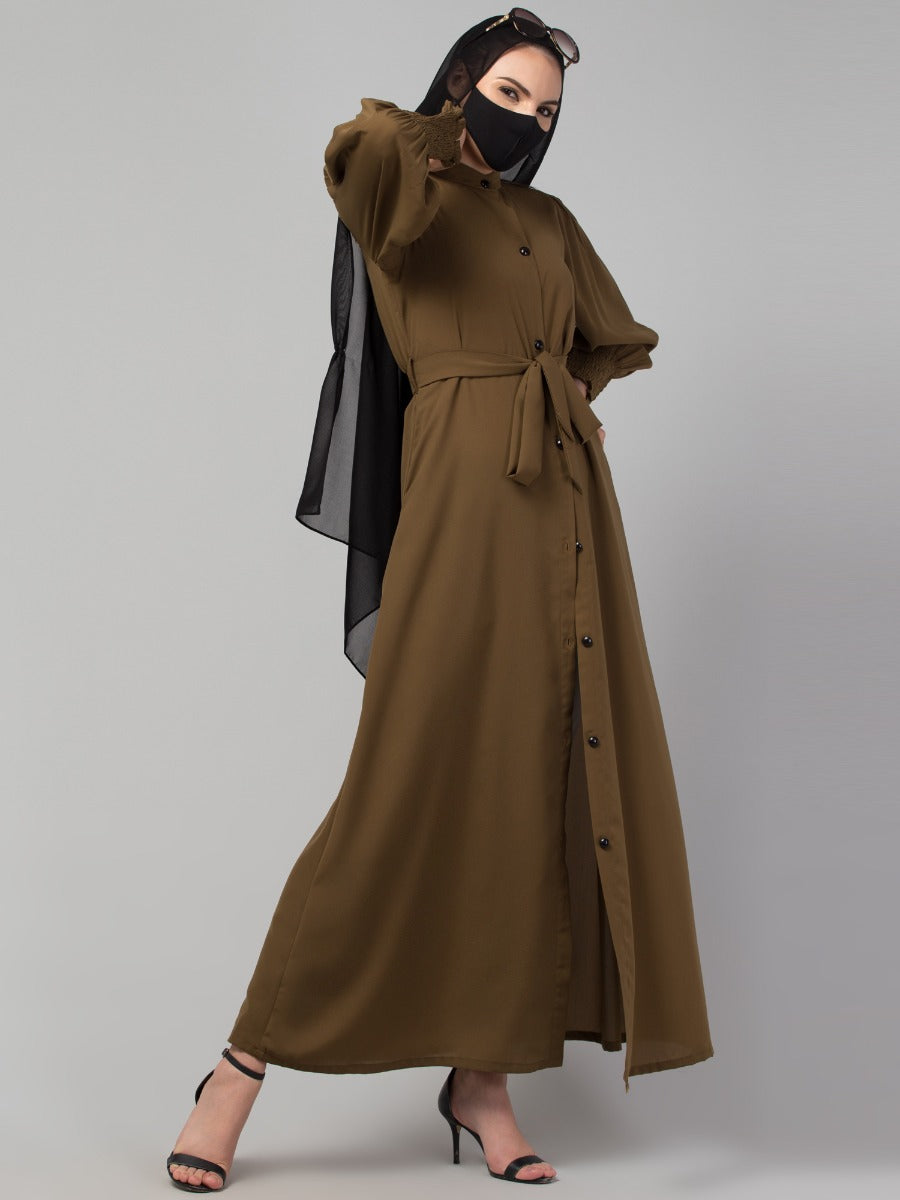 Front Open Abaya with Puff Shoulders: Smocky Sleeves and Contrast Buttons