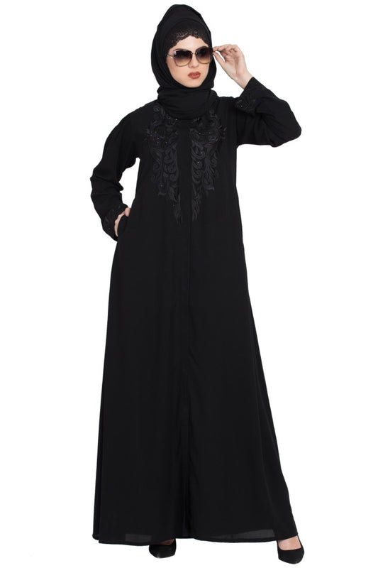 Front Open Abaya With Embroidery-With Hijab