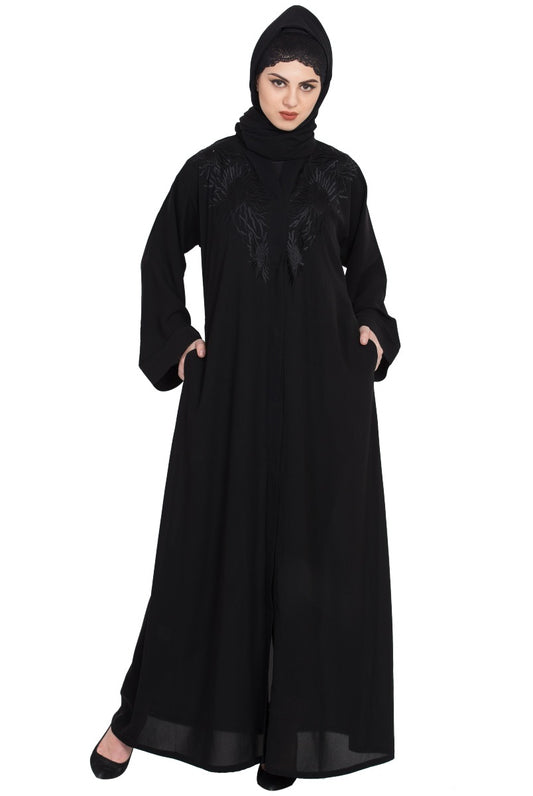 Front Open Abaya With Embroidery-With Hijab