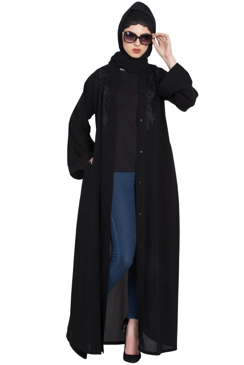 Front Open Abaya With Embroidery-With Hijab