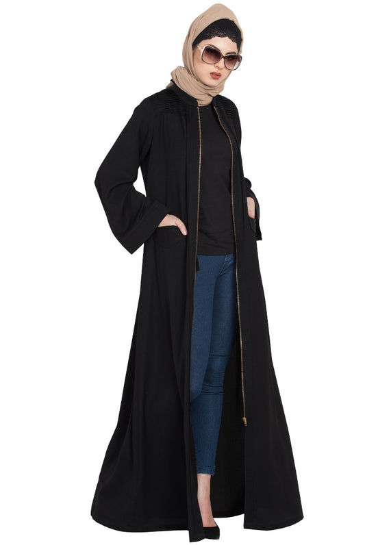 Front Open Abaya With Big Pockets And Zipper Opening-With Hijab