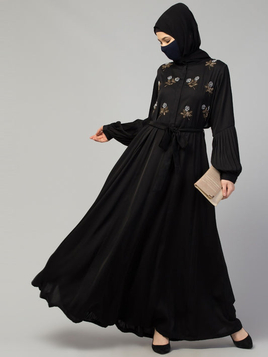 Modest Abaya Dress With Floral Handwork Embellishments
