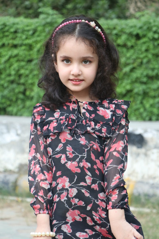 Floral Print Girl Kids Dress in Chiffon Fabric