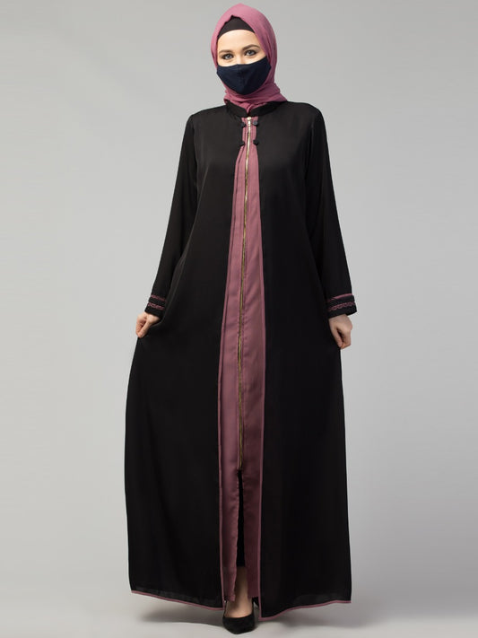Front Open Abaya In Dual Color With Long Zipper