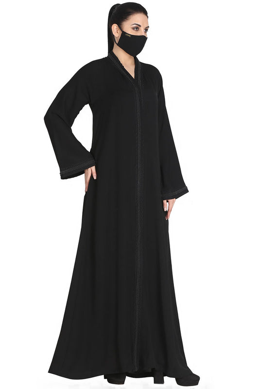 Mushkiya-Front Open Abaya Made In Korean Nida With Lacework.