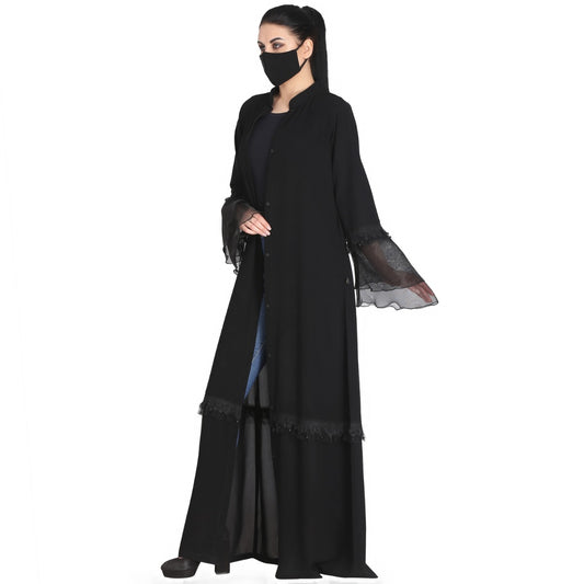 Mushkiya-Black Abaya With Bell Sleeves In Organza.