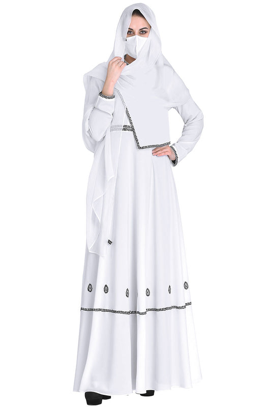 Mushkiya-Embroidered-Modest Dress In White Color With Black Embroidery.