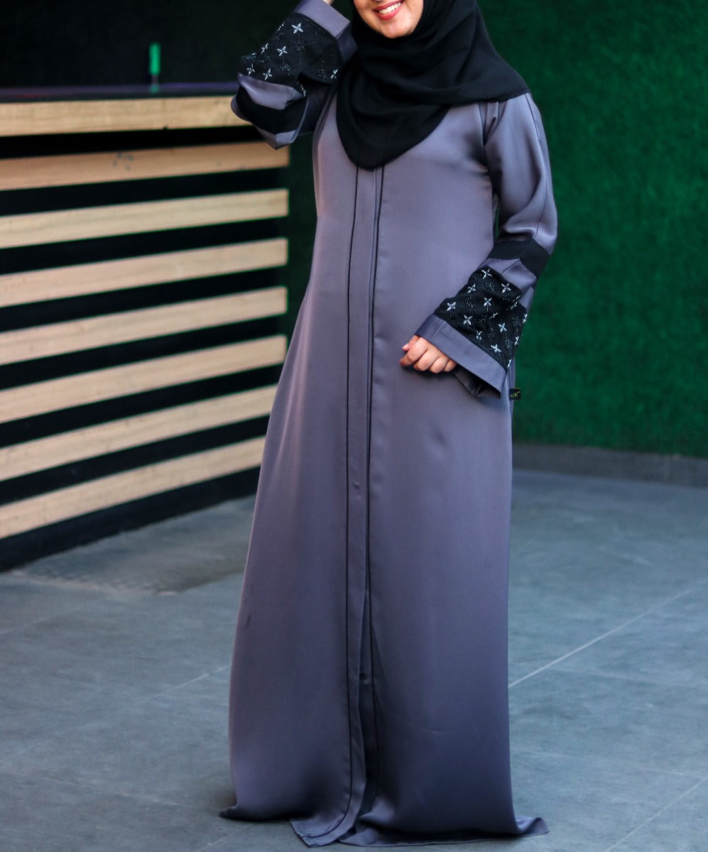 Front Open Abaya With Handwork Embellishments. It Comes With A Matching Hijab.