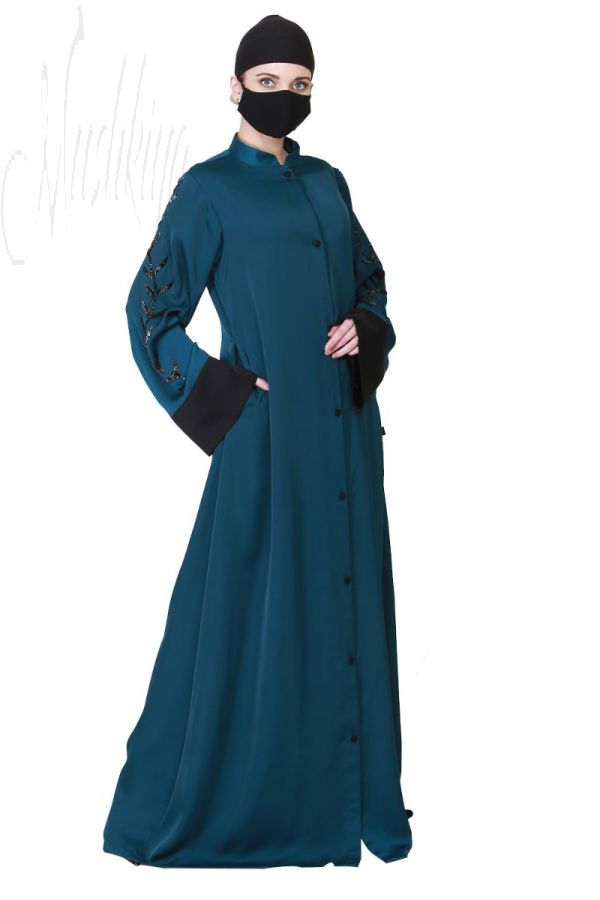 Front Open Abaya Like Dress With Handwork On Sleeves.