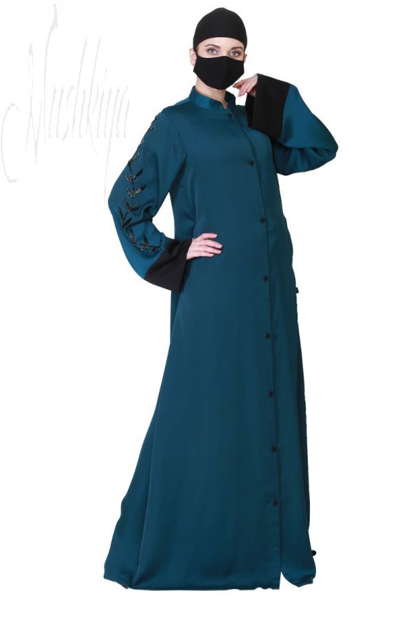 Front Open Abaya Like Dress With Handwork On Sleeves.