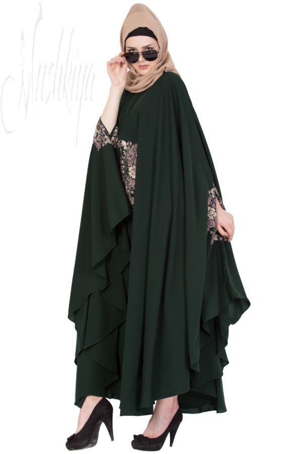 Embroidered Irani kaftan in Free Size - Dark Green-Not An Abaya