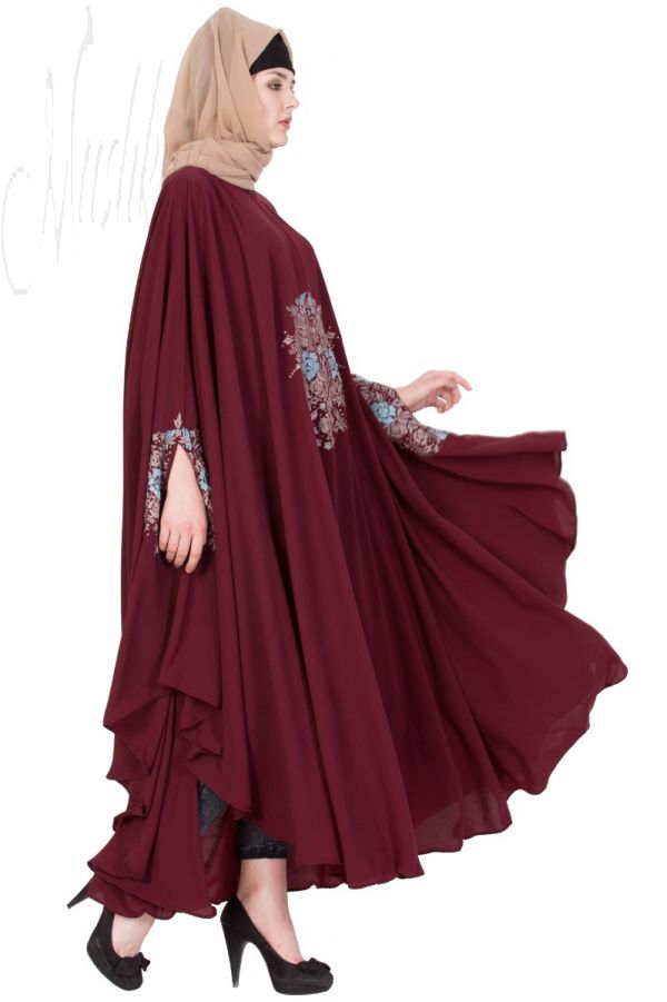 Embroidered Irani kaftan in Free Size - Maroon-Not An Abaya