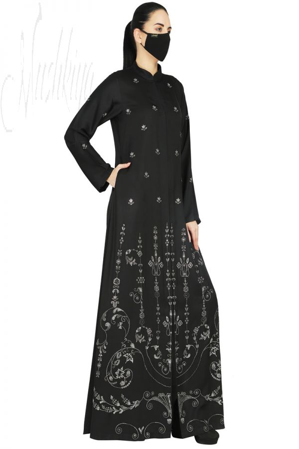 Front Open Abaya Like Dress With  Premium Stone Embellishments. It Comes With A Matching Hijab.