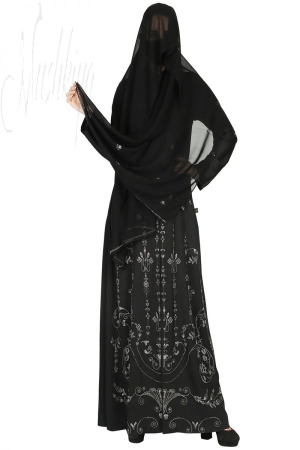 Front Open Abaya Like Dress With  Premium Stone Embellishments. It Comes With A Matching Hijab.