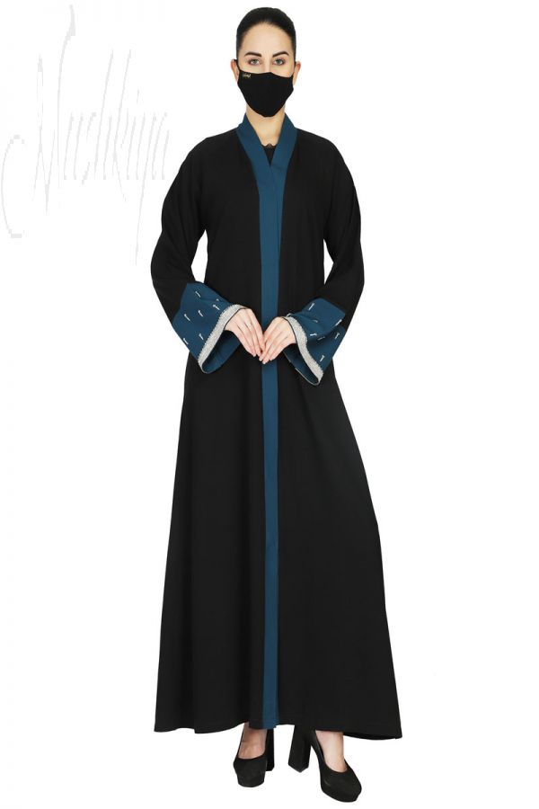 Front Open Abaya With Contrast Panels and Handwork Embellishments. It Comes With A Matching Hijab.