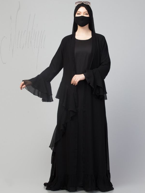 Three Pieces Set - Inner Abaya With a Designer Shrug and Stole Hijab.