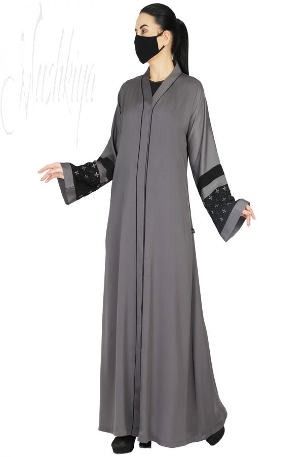 Front Open Abaya With Handwork Embellishments. It Comes With A Matching Hijab.