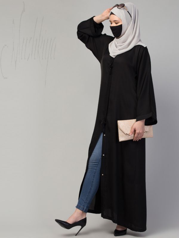 Front Open Abaya In Imported Nida Fabric With Embellished Tassels