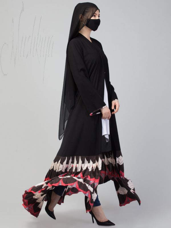 Open Abaya Dress With Pleated & Printed Hem