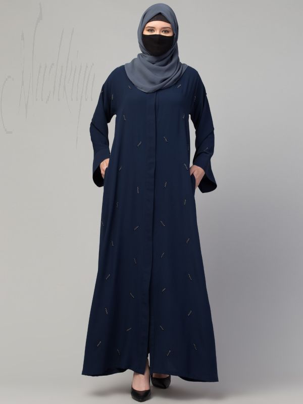 Front Open Abaya In Stretchable Kashibo Fabric With Handwork Embellishments