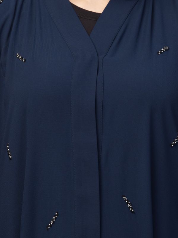 Front Open Abaya In Stretchable Kashibo Fabric With Handwork Embellishments