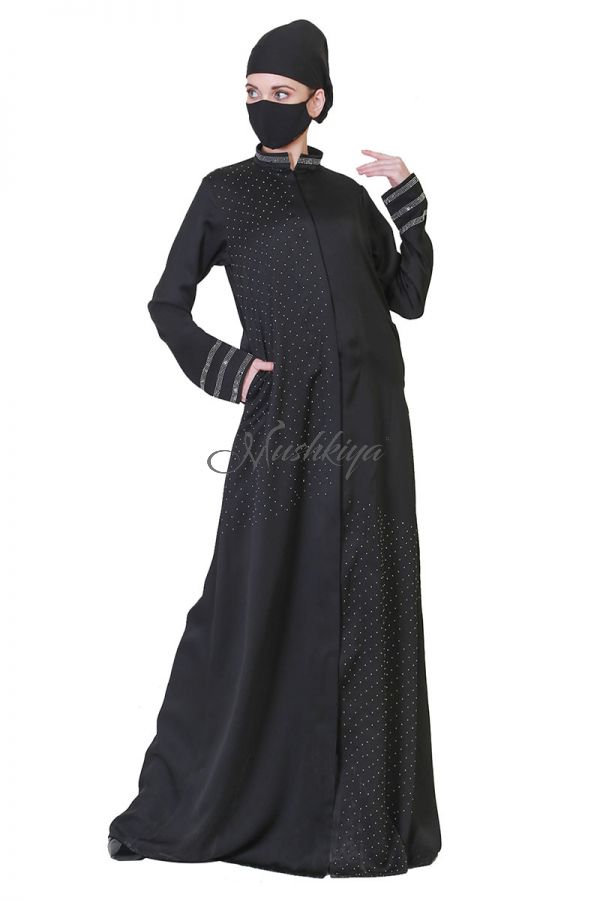 Front Open Abaya With Silver Diamond Stones In Asymmetrical Pattern.
