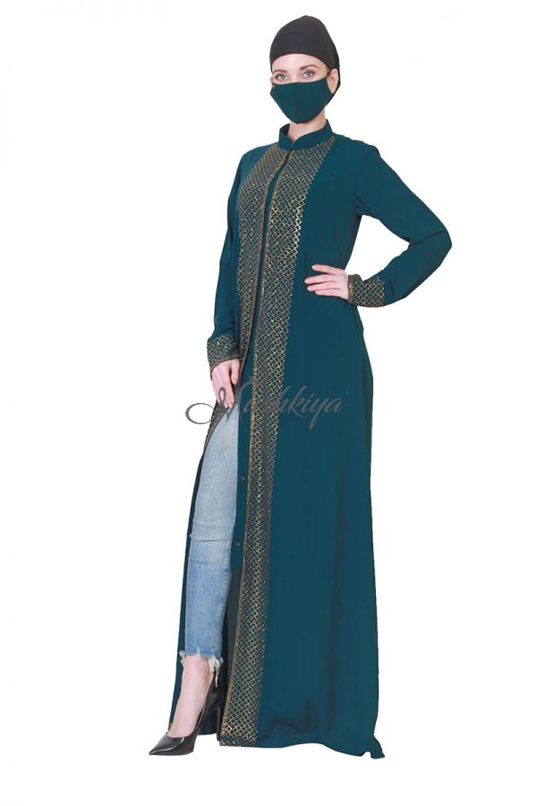 Front Open Abaya Like Dress With Stone Work On Bodice And Sleeves.