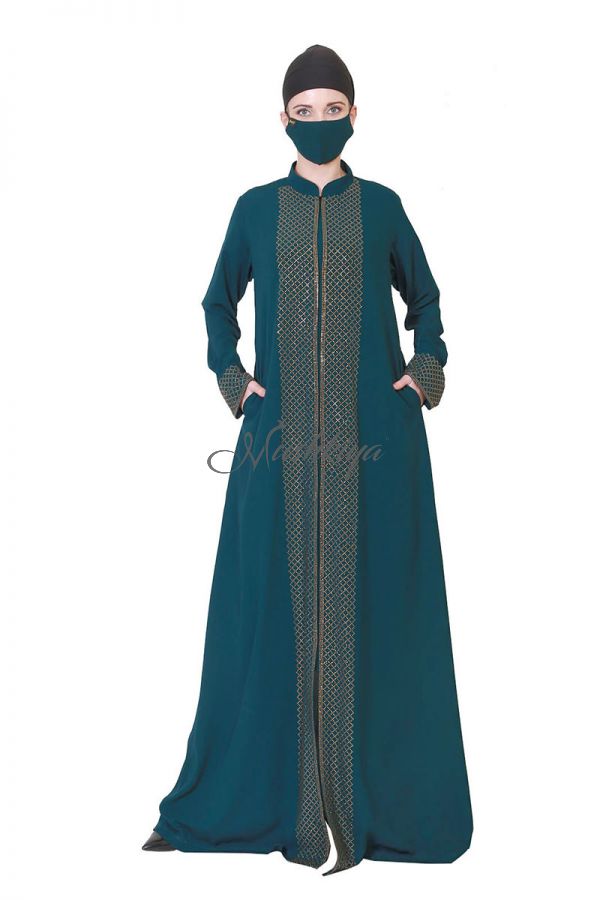 Front Open Abaya Like Dress With Stone Work On Bodice And Sleeves.