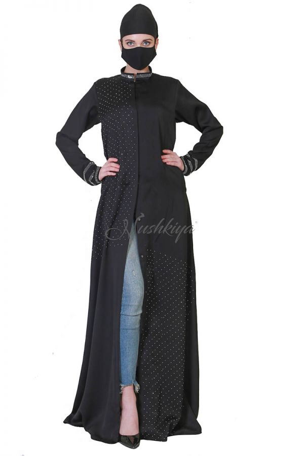 Front Open Abaya With Silver Diamond Stones In Asymmetrical Pattern.