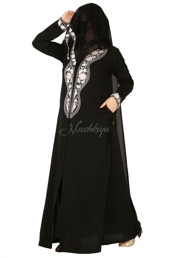 Front Open-Embroidered Abaya Like Gown
