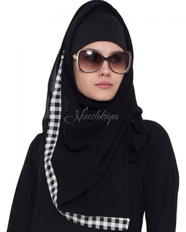 Black Georgette Hijab With Black & White Border
