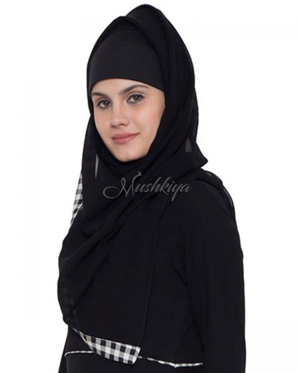 Black Georgette Hijab With Black & White Border
