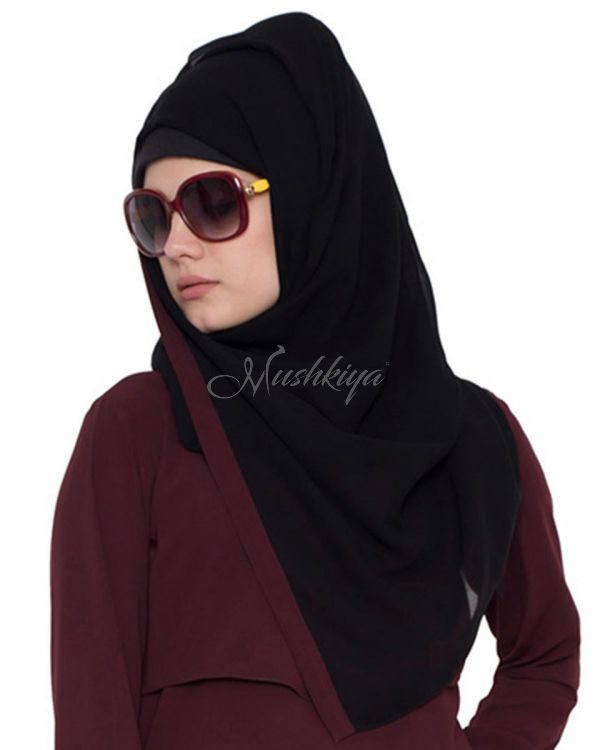 Black Georgette Hijab With Wine Color Border