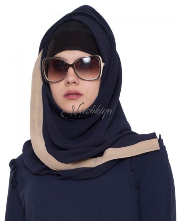Blue Georgette Hijab With Beige Color Border