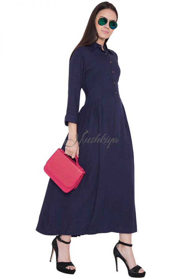 Blue Long Dress Made Of Rayon Fabric