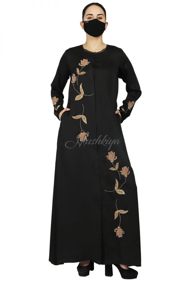 Front Open Abaya Like Dress With Floral Handwork Embellishments. It Comes With A Matching Hijab.