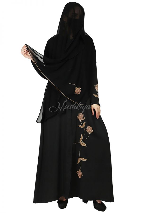 Front Open Abaya Like Dress With Floral Handwork Embellishments. It Comes With A Matching Hijab.