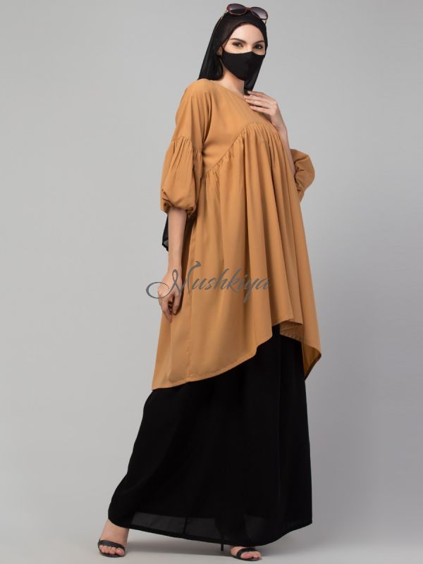 Modest Co-ord Set: Designer Long Top with Balloon Sleeves and Flared Skirt