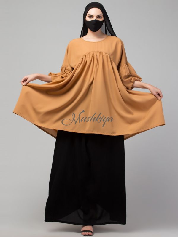 Modest Co-ord Set: Designer Long Top with Balloon Sleeves and Flared Skirt