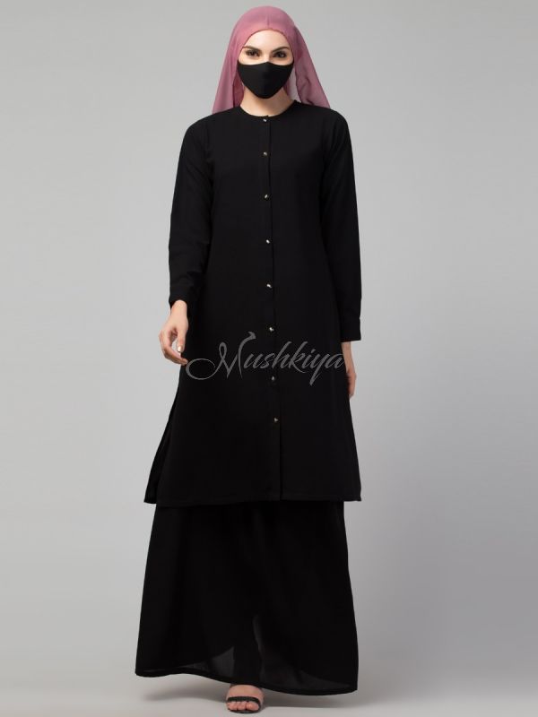 Modest Co-ord Set: Front Open Long Top with Slim Sleeves, Side Slits, and Flared Skirt, Ideal for Students and Working Women