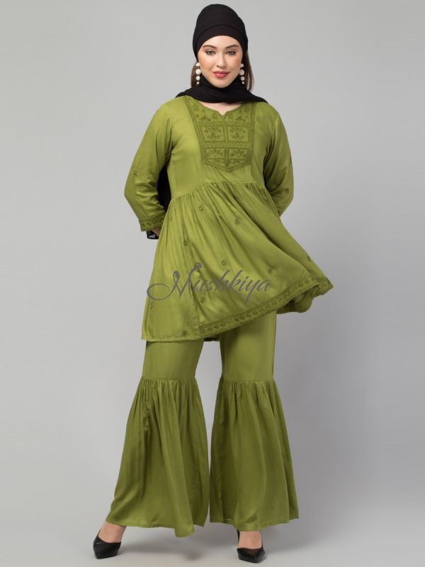 Two Pcs Sharara-Kurta Set With  Chikankari Work In Rayon Fabric