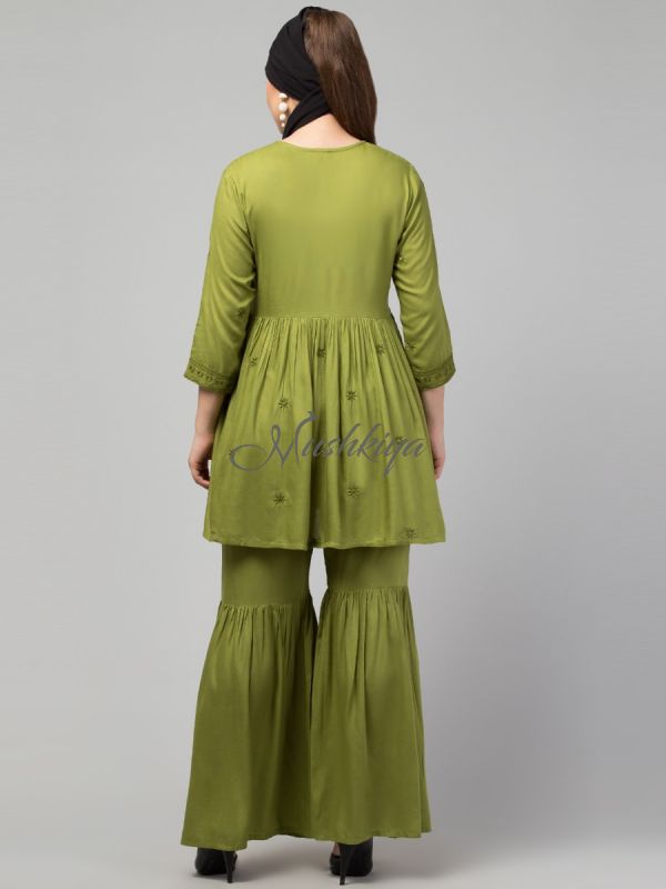 Two Pcs Sharara-Kurta Set With  Chikankari Work In Rayon Fabric