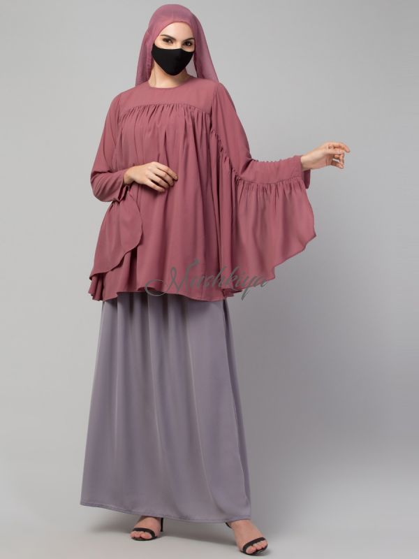 Modest Co-ord Set: Designer Loose-Fit Top with Frills and Flared Skirt, Perfect for Students and Working Women