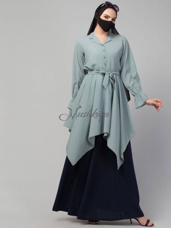 Modest Co-ord Set: Asymmetrical Pattern Top with Collar and Elasticated Bell Sleeves, Flared Skirt for Students and Working Women